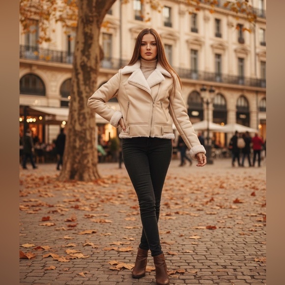 Mystyle Jackets & Blazers - Elegant Cream PU Leather Jacket with Shearling Trim